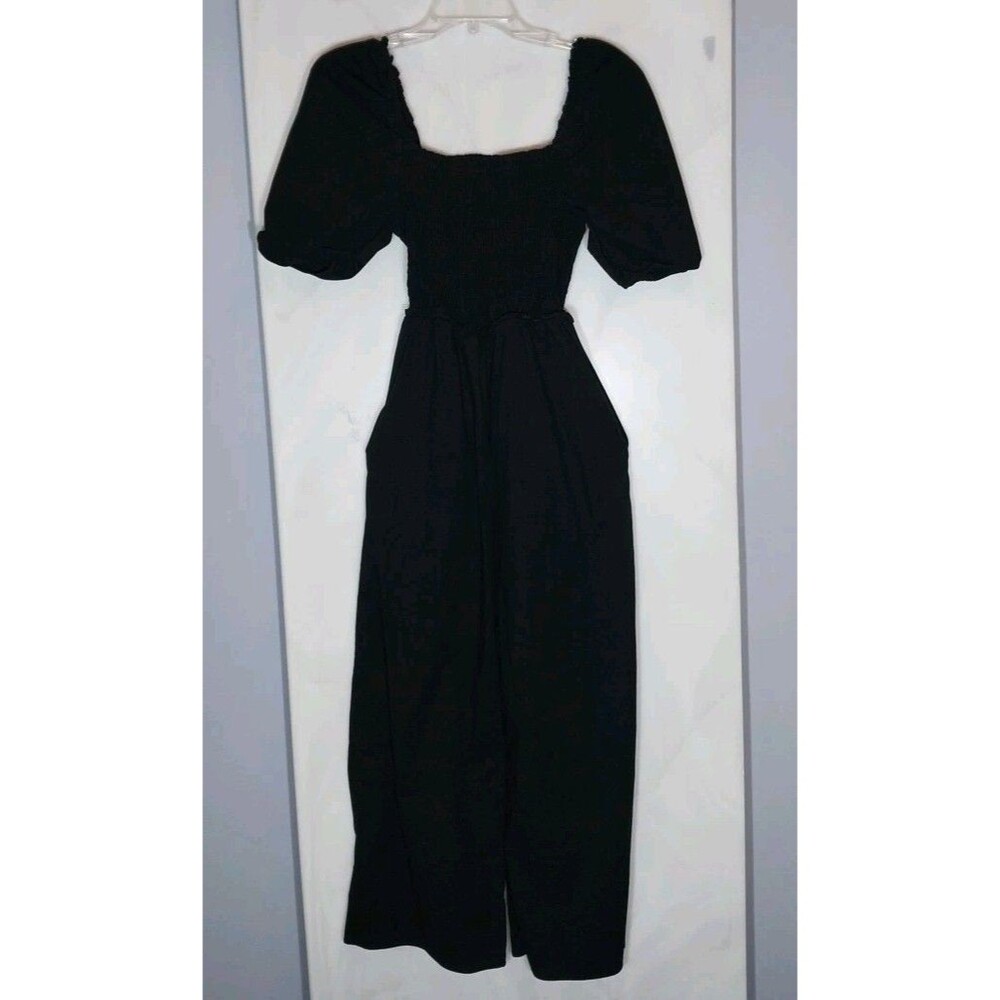 H&M Jumpsuit Romper M Black Smocked Puff Sleeve Wide Leg Minimalist Goth Casual